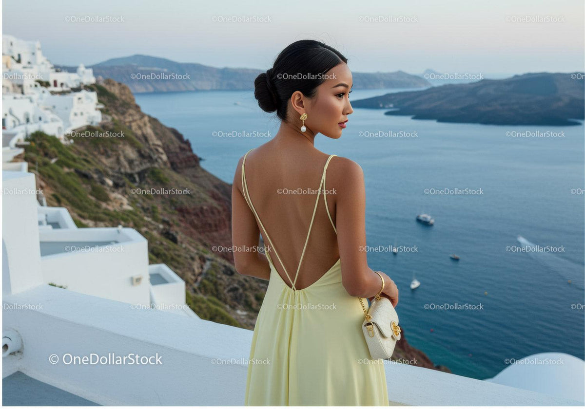 Elegant woman in yellow dress overlooking sea view