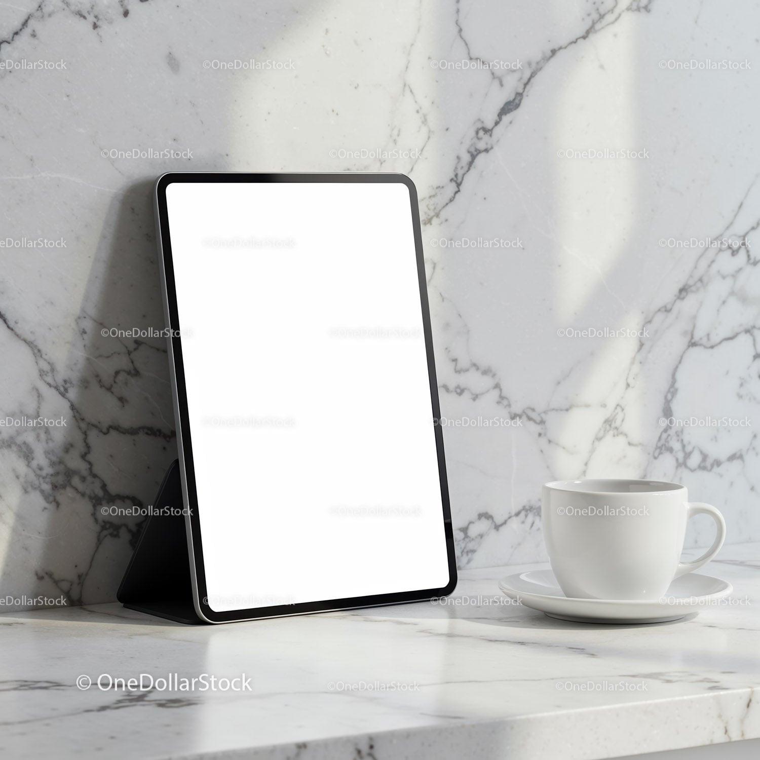 Digital Tablet and Coffee Cup on Marble Surface