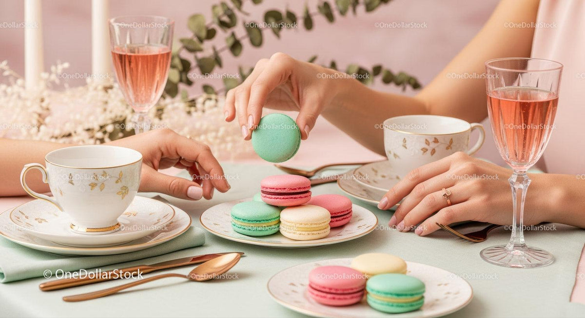 Elegant Tea Party with Colorful Macarons and Fine China in Soft Pastels