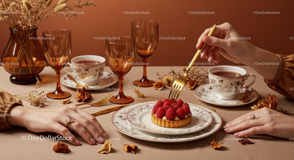 Elegant Tea Time with Raspberry Tart and Vintage Tableware