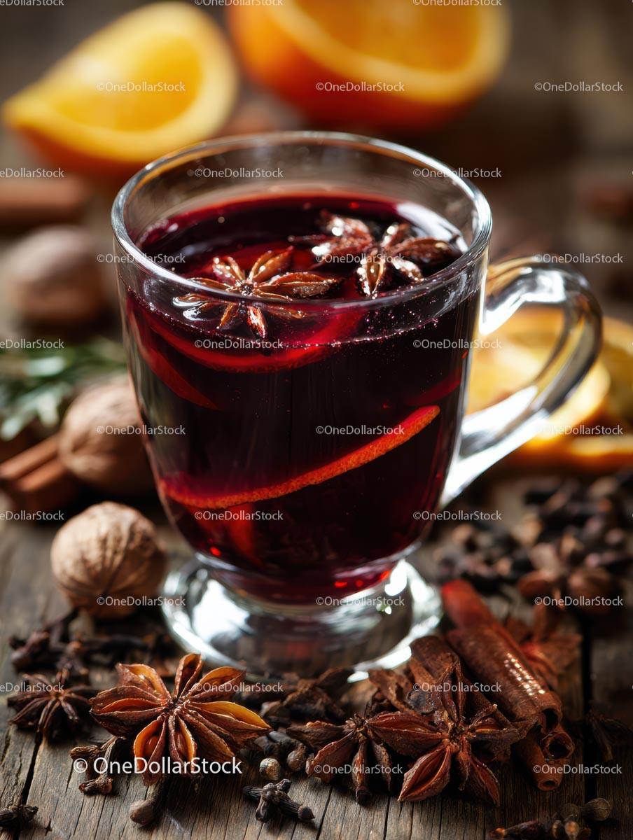 Delicious Mulled Wine with Citrus and Spices in a Glass Mug Stock Photo Bundle preview 23