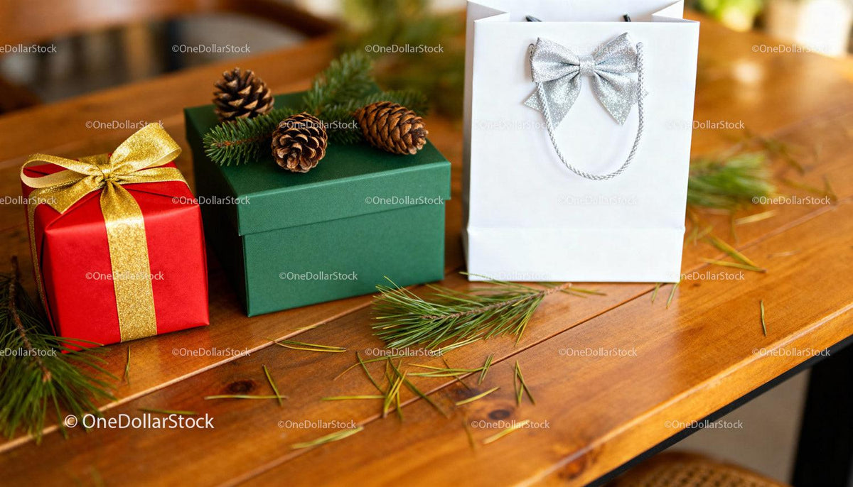 Festive Gift Boxes and Holiday Pine Decorations on Wood