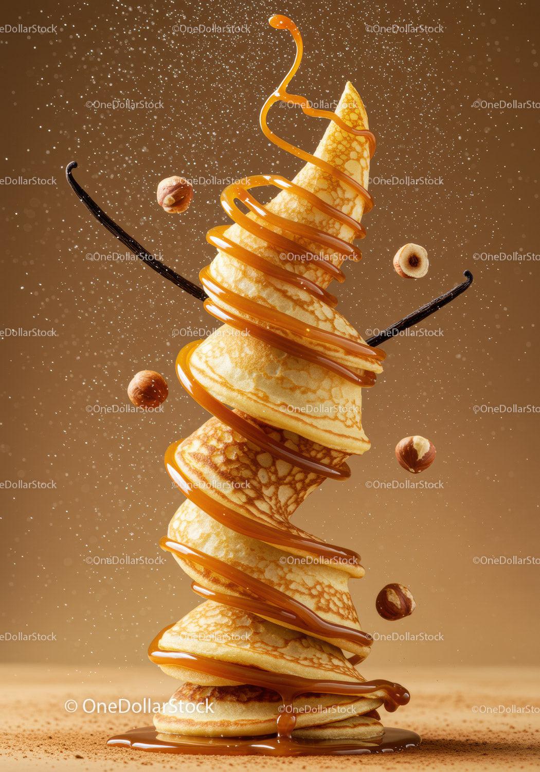 Swirling Stack of Crepes with Caramel Drizzle and Hazelnuts