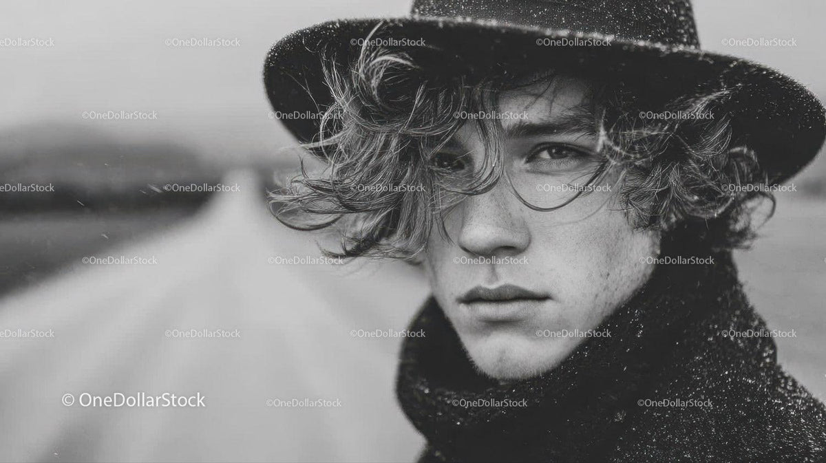 Stylish Man with Curly Hair in Rainy Weather Fashion Portrait
