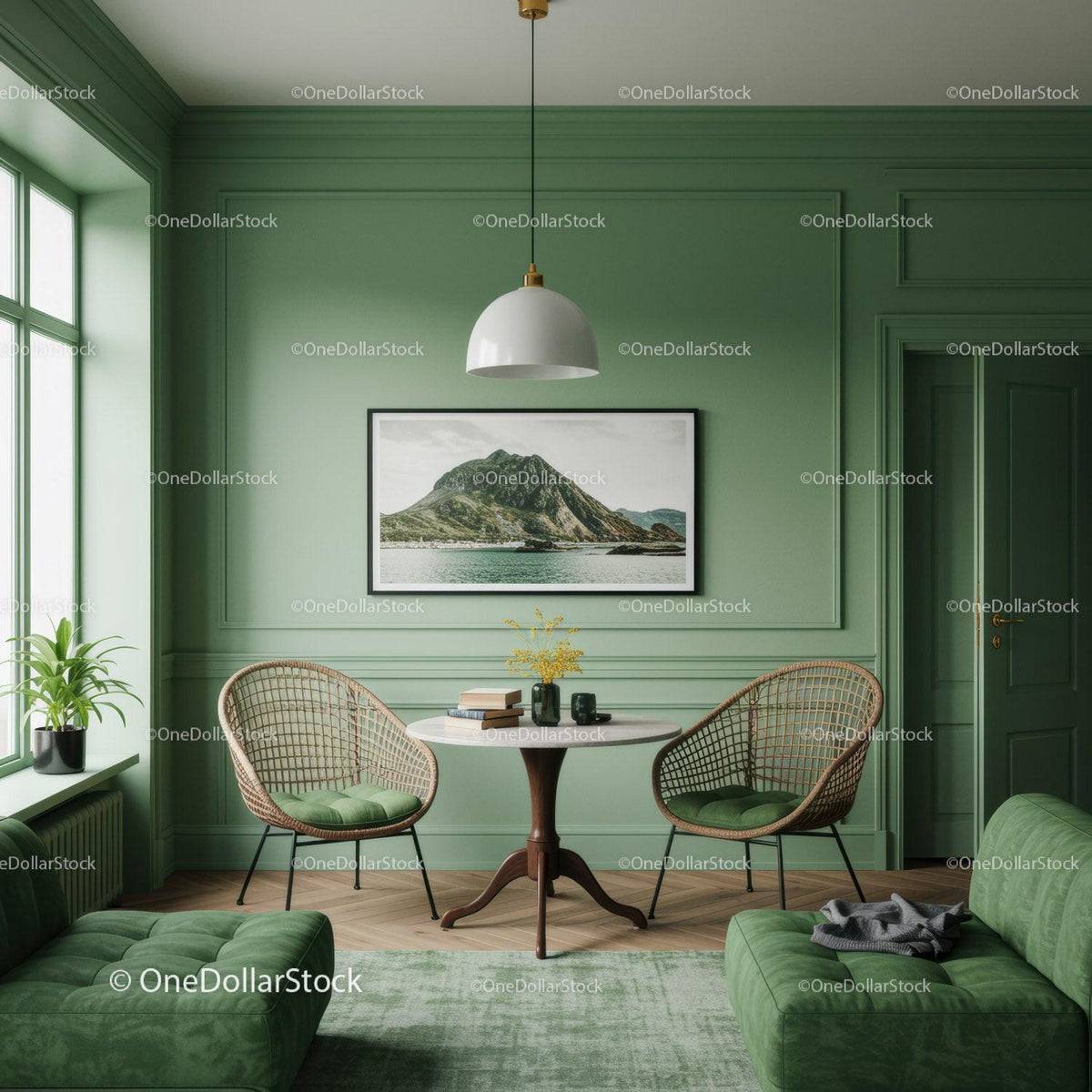 Stylish Green Living Room with Armchairs and House Plants