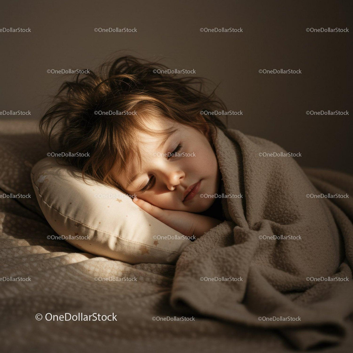 Peaceful toddler sleeping wrapped in cozy blanket