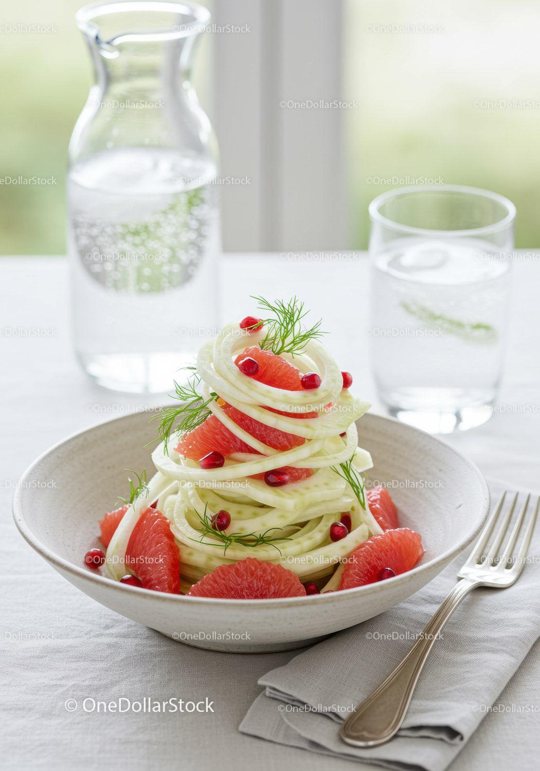 Fresh fennel and grapefruit salad with pomegranate seeds