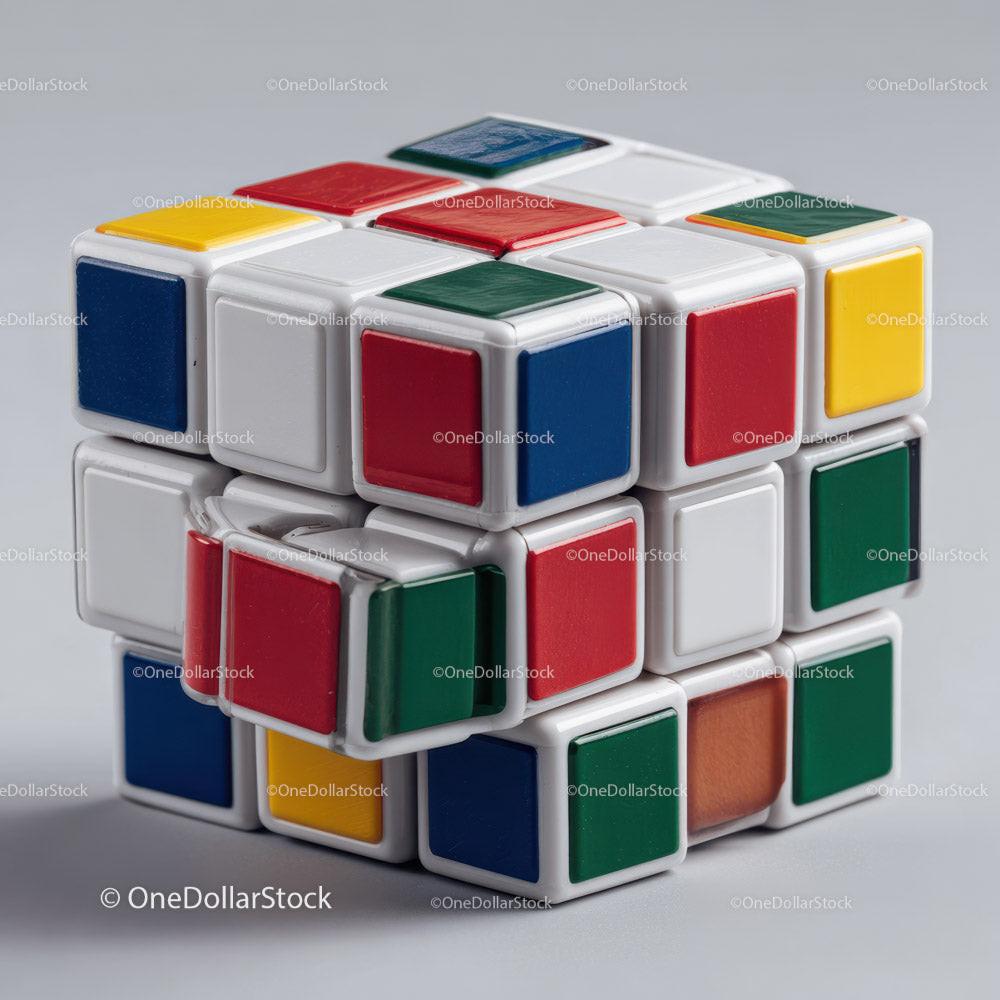 Twisted 3D puzzle cube with red, blue, green, yellow, and orange colored squares on white frame