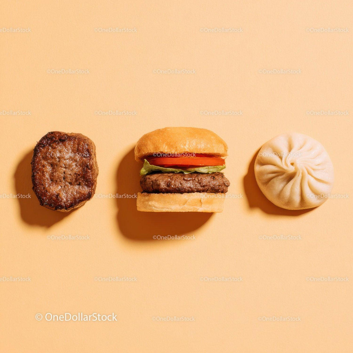 Gourmet Burger with Lettuce and Tomato Next to Grilled Steak and Dumpling Stock Photo Bundle preview 5