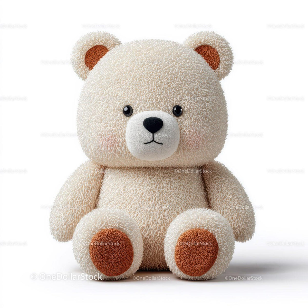 Cream teddy bear with fluffy fur and brown ear and foot pads sitting on white background