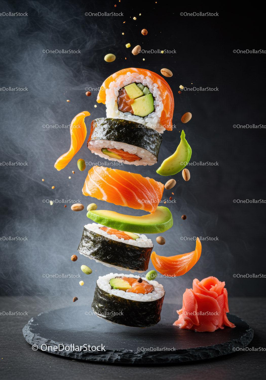 Floating sushi rolls with fresh salmon and avocado slices