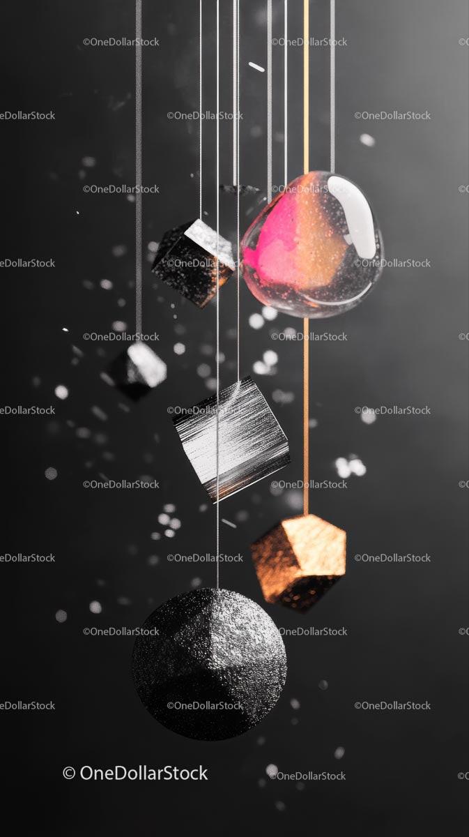 Abstract Geometric Art with Floating Metallic Shapes in Dark Background
