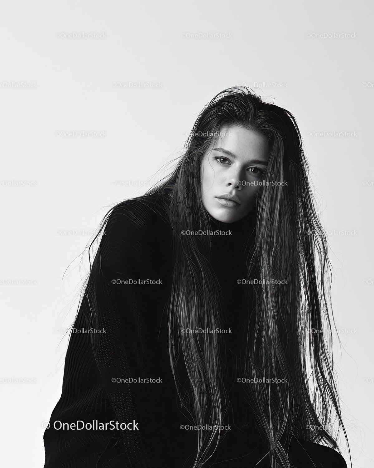 Elegant Woman Portrait with Long Wet Hair in Monochrome Style