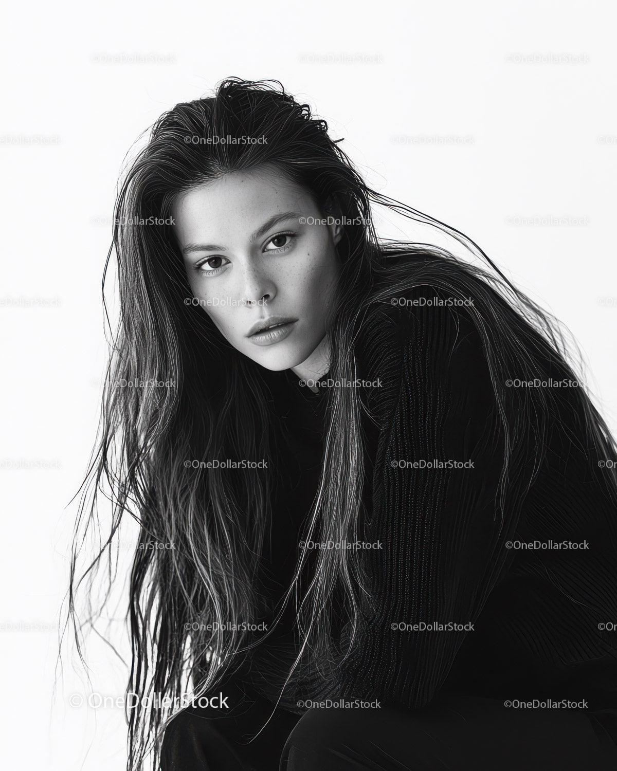 Black and White Portrait of a Woman with Wet Hair and Intense Gaze
