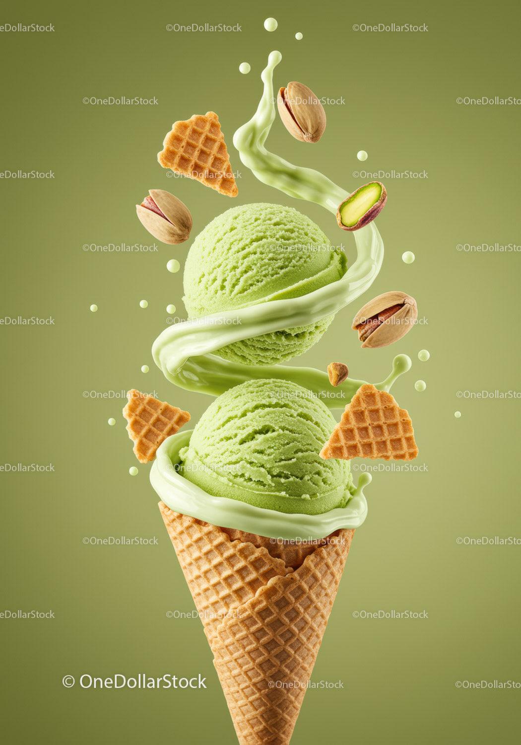 Green pistachio ice cream with swirling cream and nuts