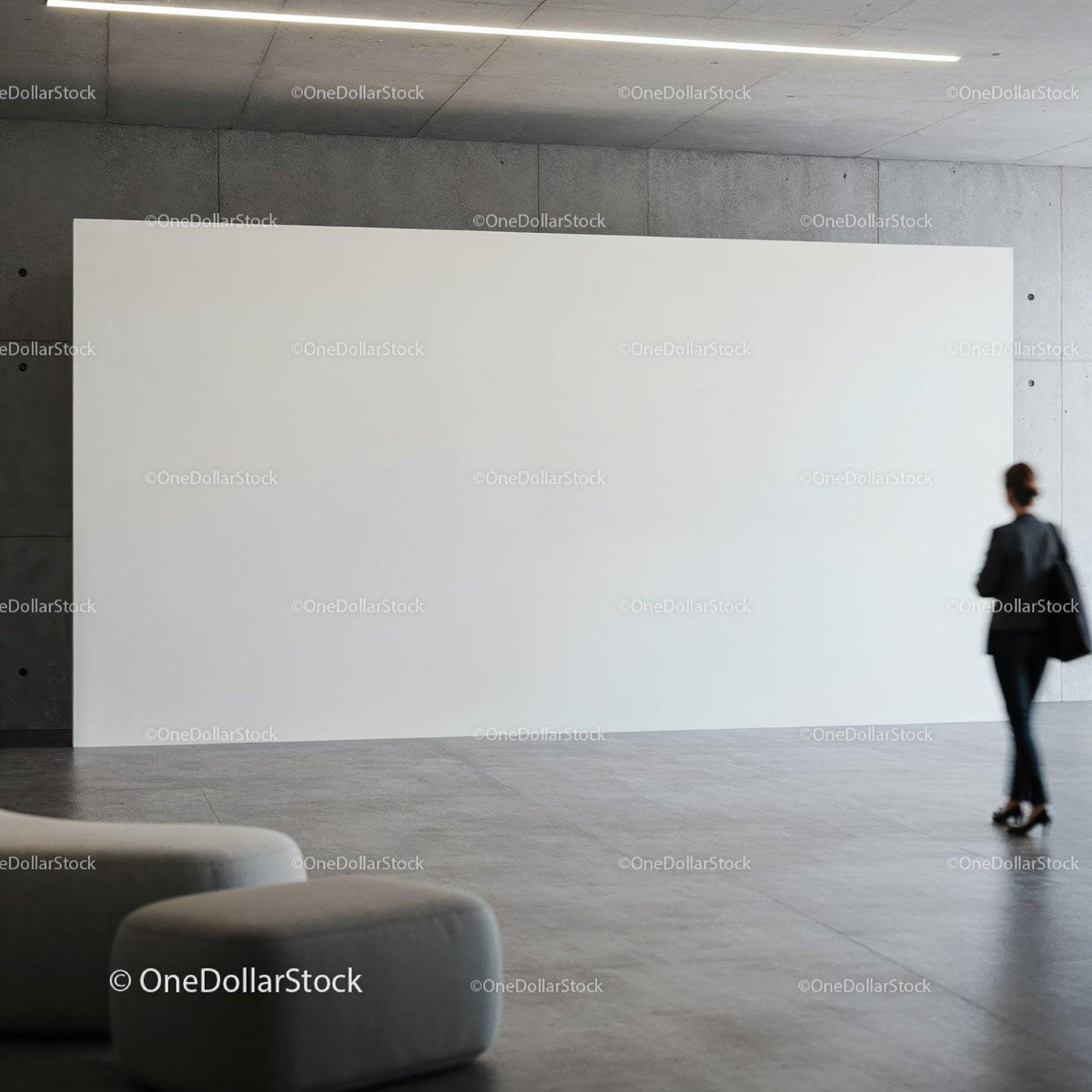 Businesswoman walking past blank white gallery wall JPG Mockup Image preview
