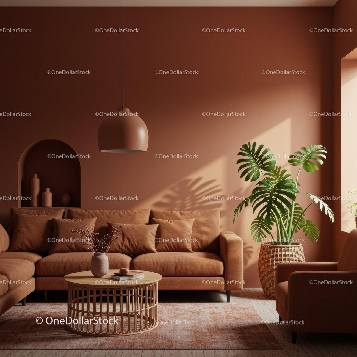 Cozy Modern Living Room with Terracotta Wall and Lush Green Monstera