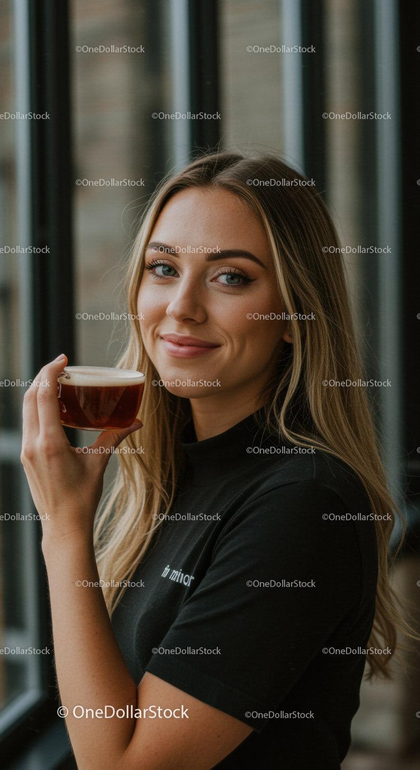 Young woman enjoying coffee near window light