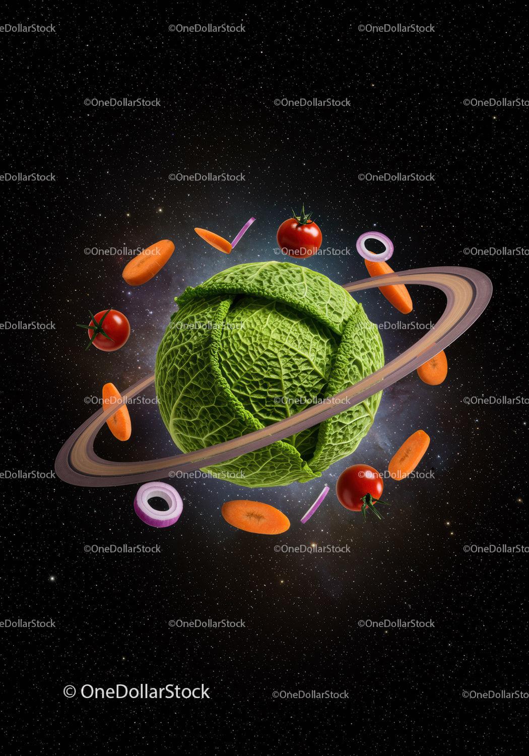 Cabbage Planet with Floating Fresh Vegetable Rings