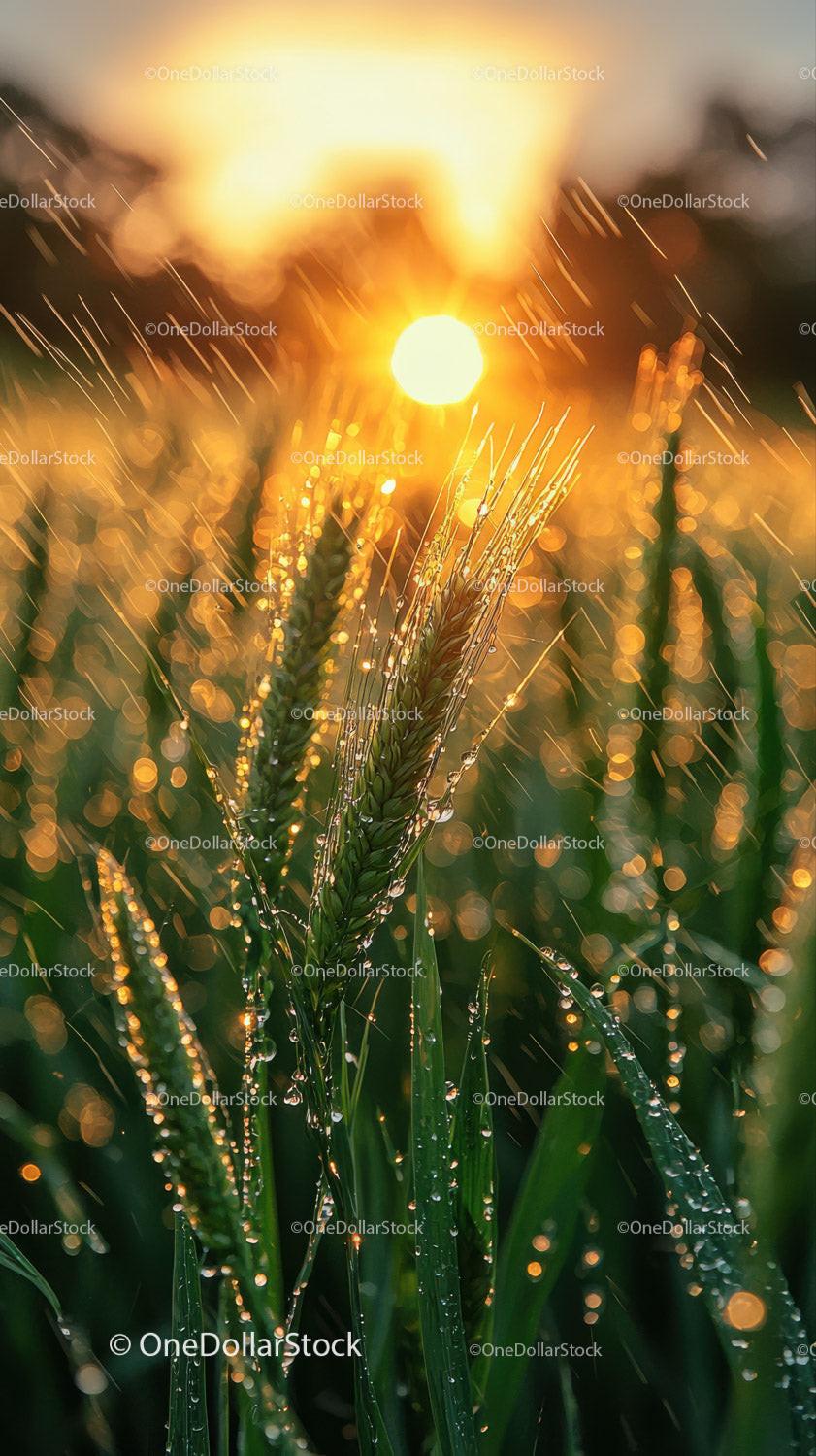 Golden Wheat Stalks at Sunrise With Dew and Bokeh Effect