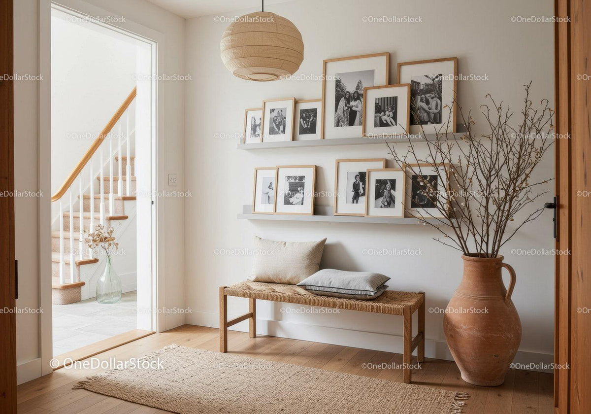 Cozy minimalist hallway with bench and photo frames