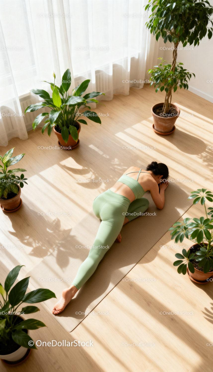 Woman Practicing Yoga Stretch Surrounded by Green Plants