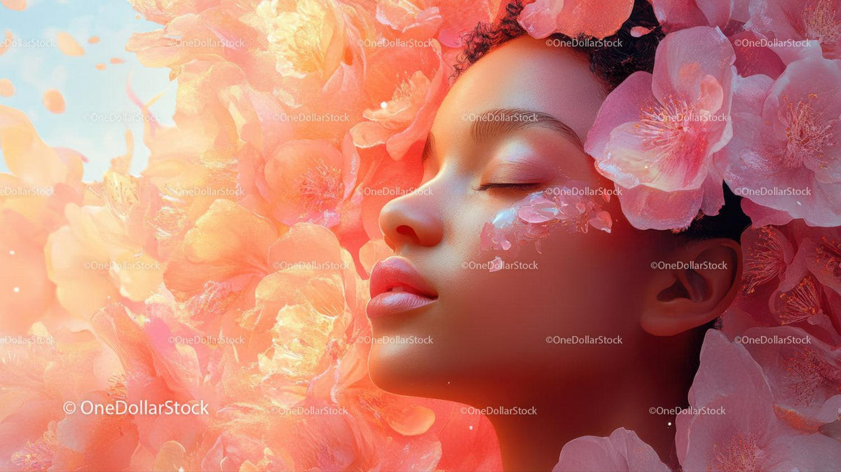 Serene woman with closed eyes surrounded by soft pink flowers and warm light