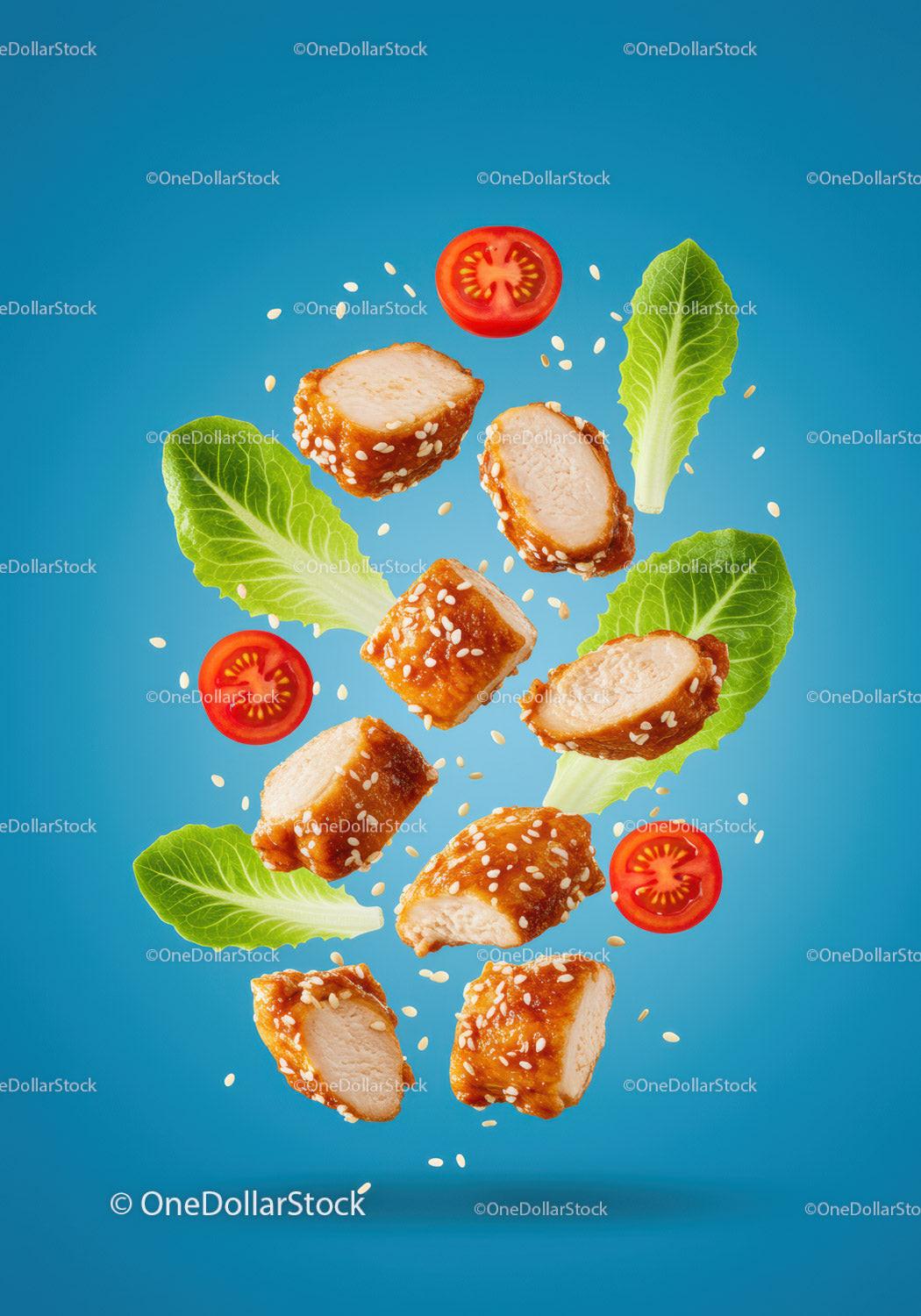 Sesame Chicken Pieces with Fresh Lettuce and Cherry Tomatoes