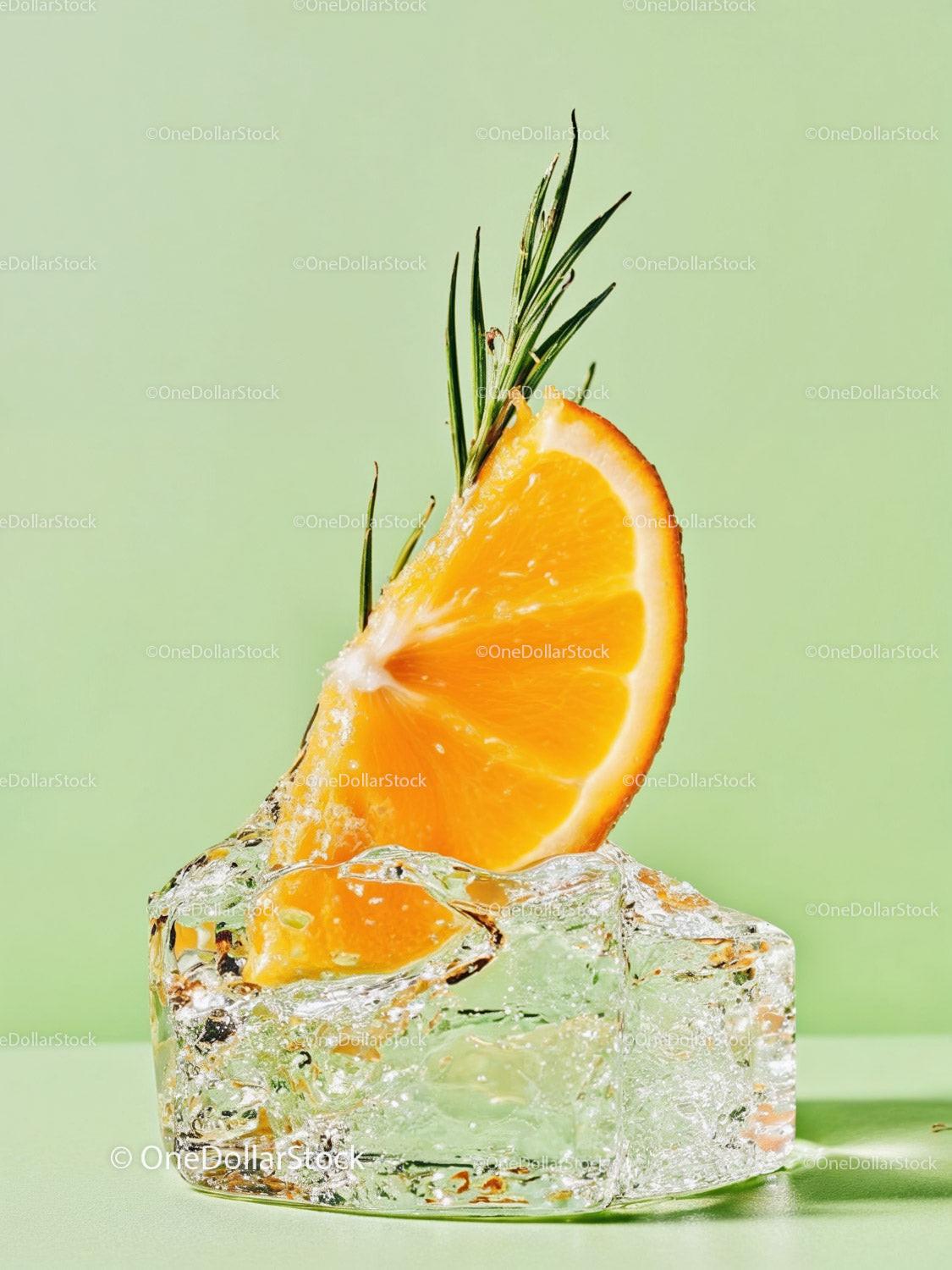 Fresh Orange Slice with Rosemary on Ice Cube