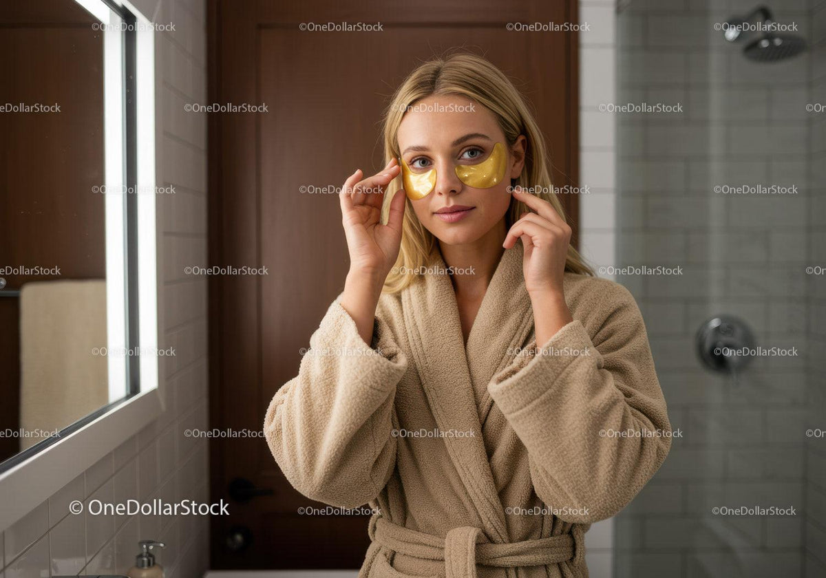 Young woman applying facial under eye masks in bathroom