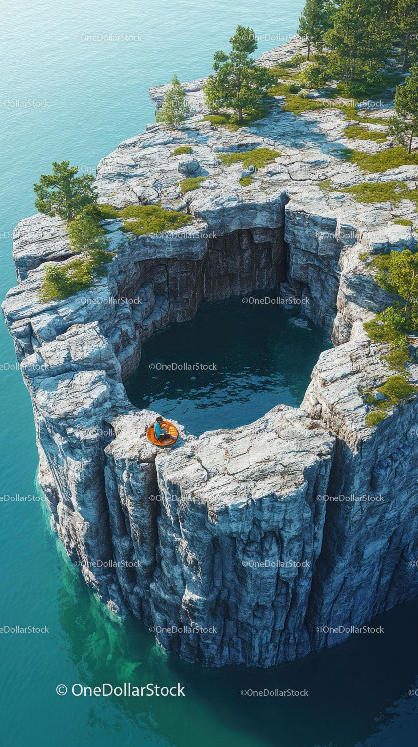 Aerial shot of rocky cliff island with pine trees and person on orange float near edge of water