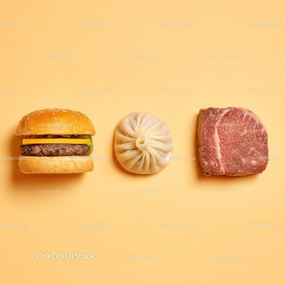 Gourmet Burger with Lettuce and Tomato Next to Grilled Steak and Dumpling Stock Photo Bundle preview 19