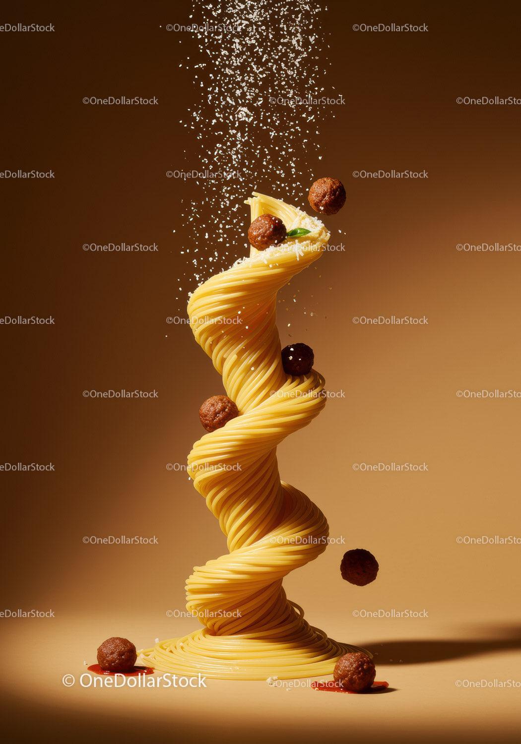 Twisted spaghetti nest with falling meatballs and cheese