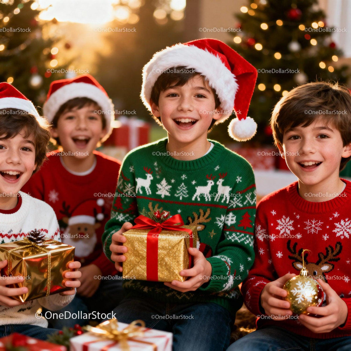 Joyful Boys in Christmas Sweaters Holding Festive Gifts