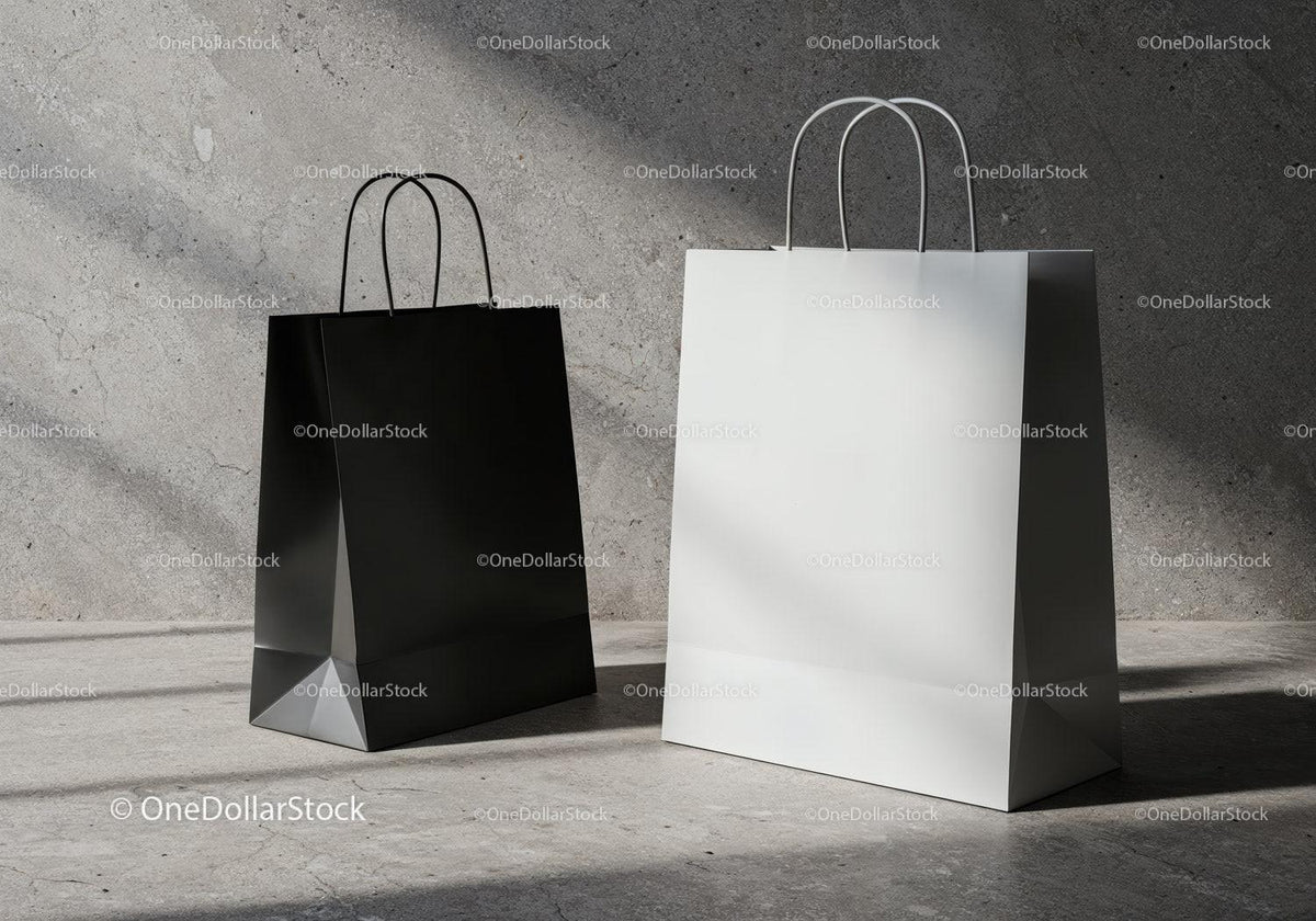 Black and white shopping bags on concrete floor JPG Mockup Image preview
