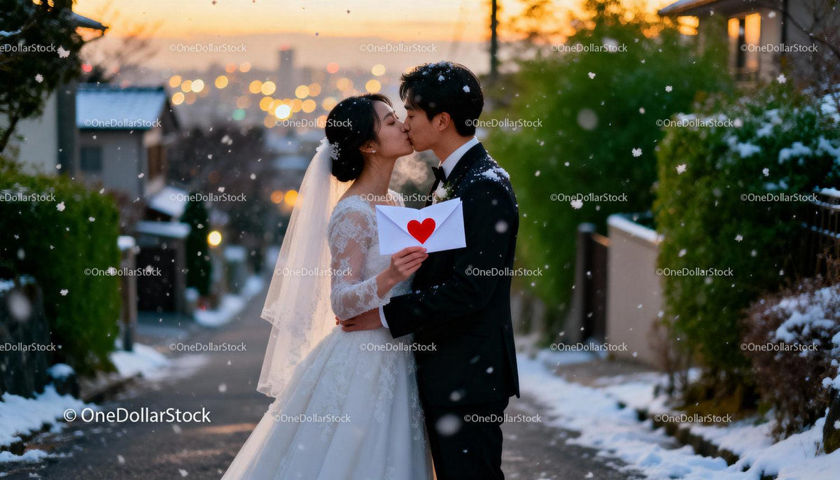 Bride and groom sharing kiss with love letter in snow