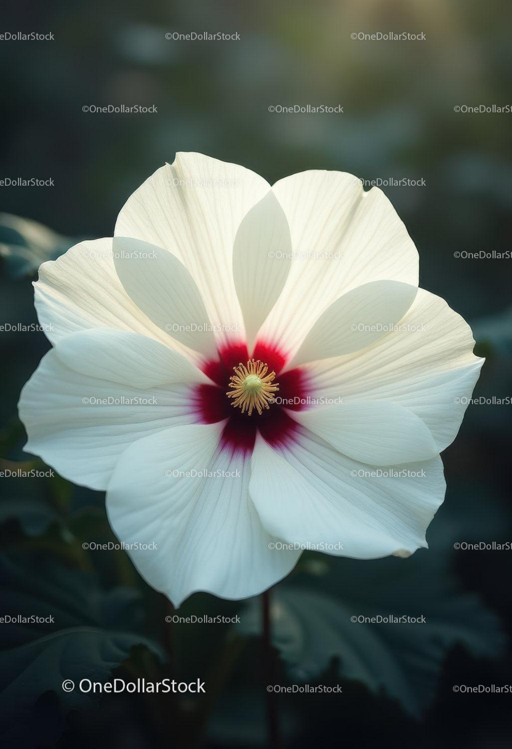 Close-up of White Hibiscus Flower with Red Center in Natural Garden