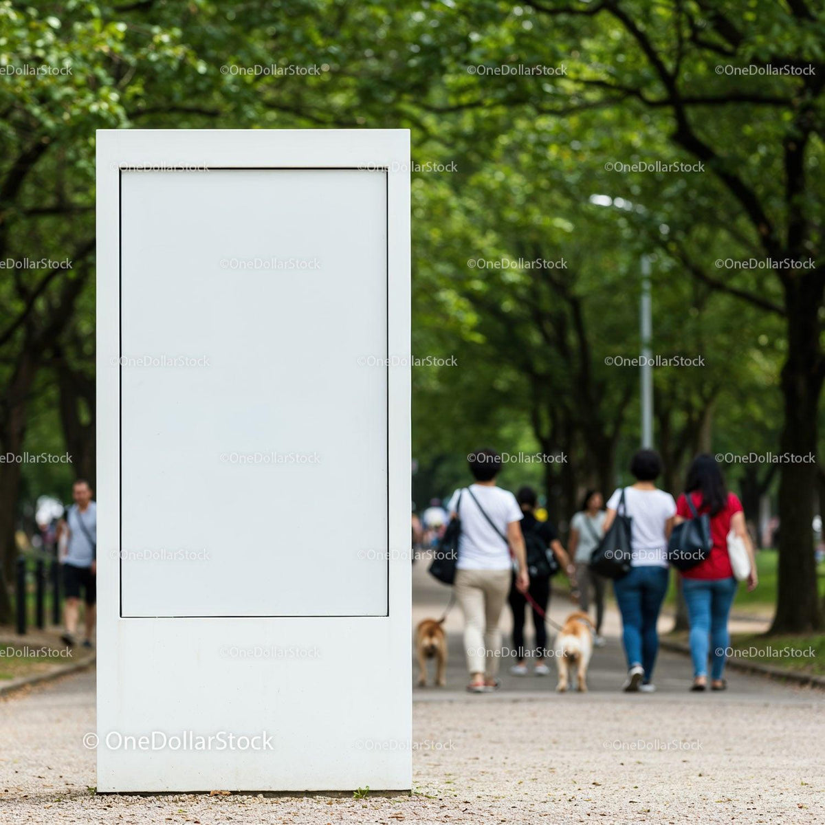 Blank city billboard in green park with walking pedestrians JPG Mockup Image preview