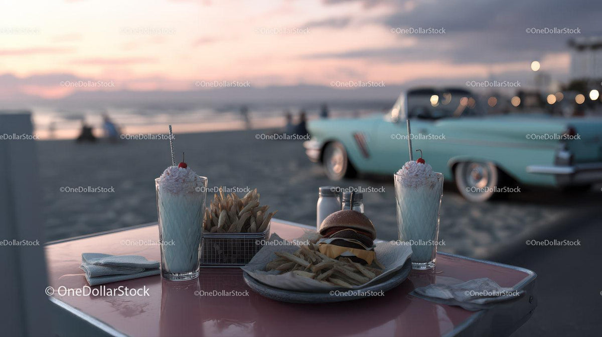 Beachside Cheeseburger French Fries and Milkshake with Classic Car Stock Photo Bundle preview 34