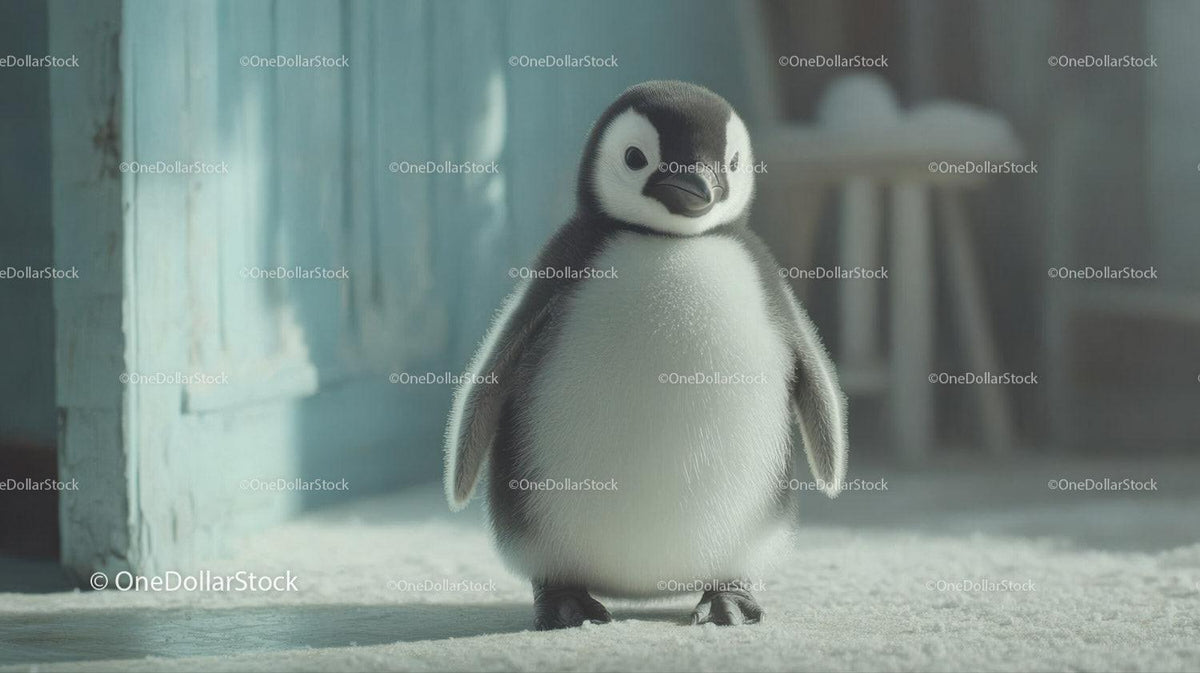 Fluffy baby penguin standing on light floor near a blue door frame indoors
