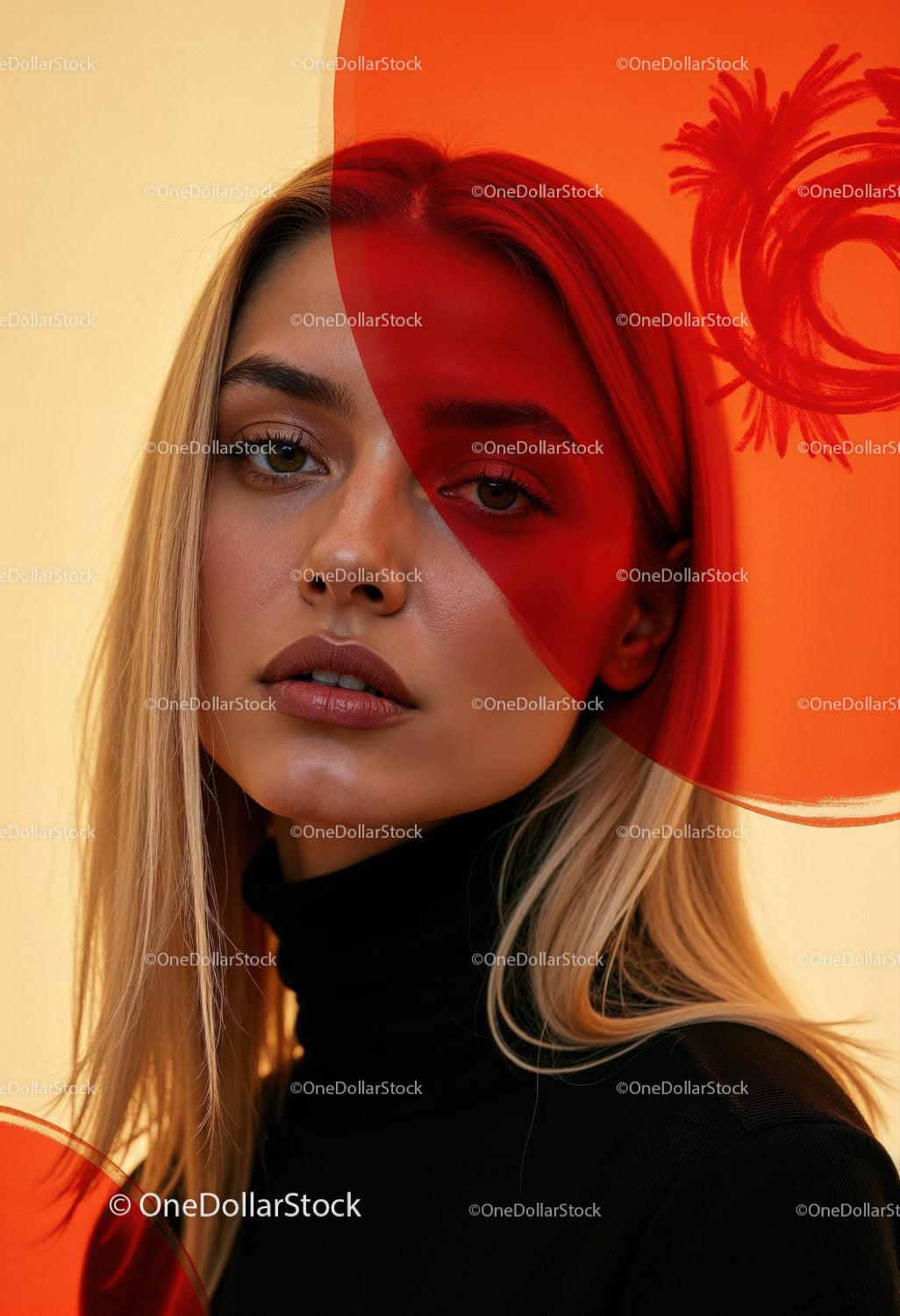 Creative Artistic Makeup Portrait with Red Face Paint and Blonde Hair Stock Photo Bundle preview 8