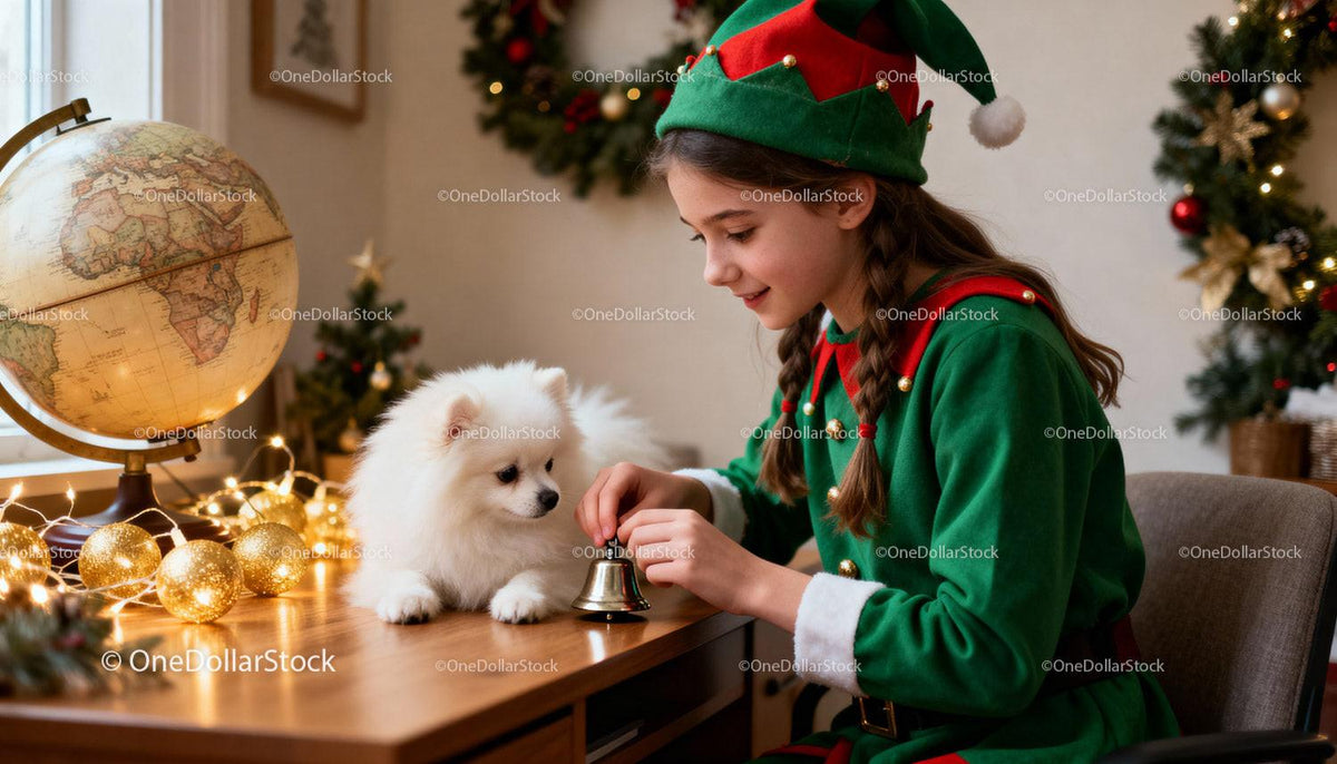 Girl in Elf Costume Playing With White Dog at Christmas