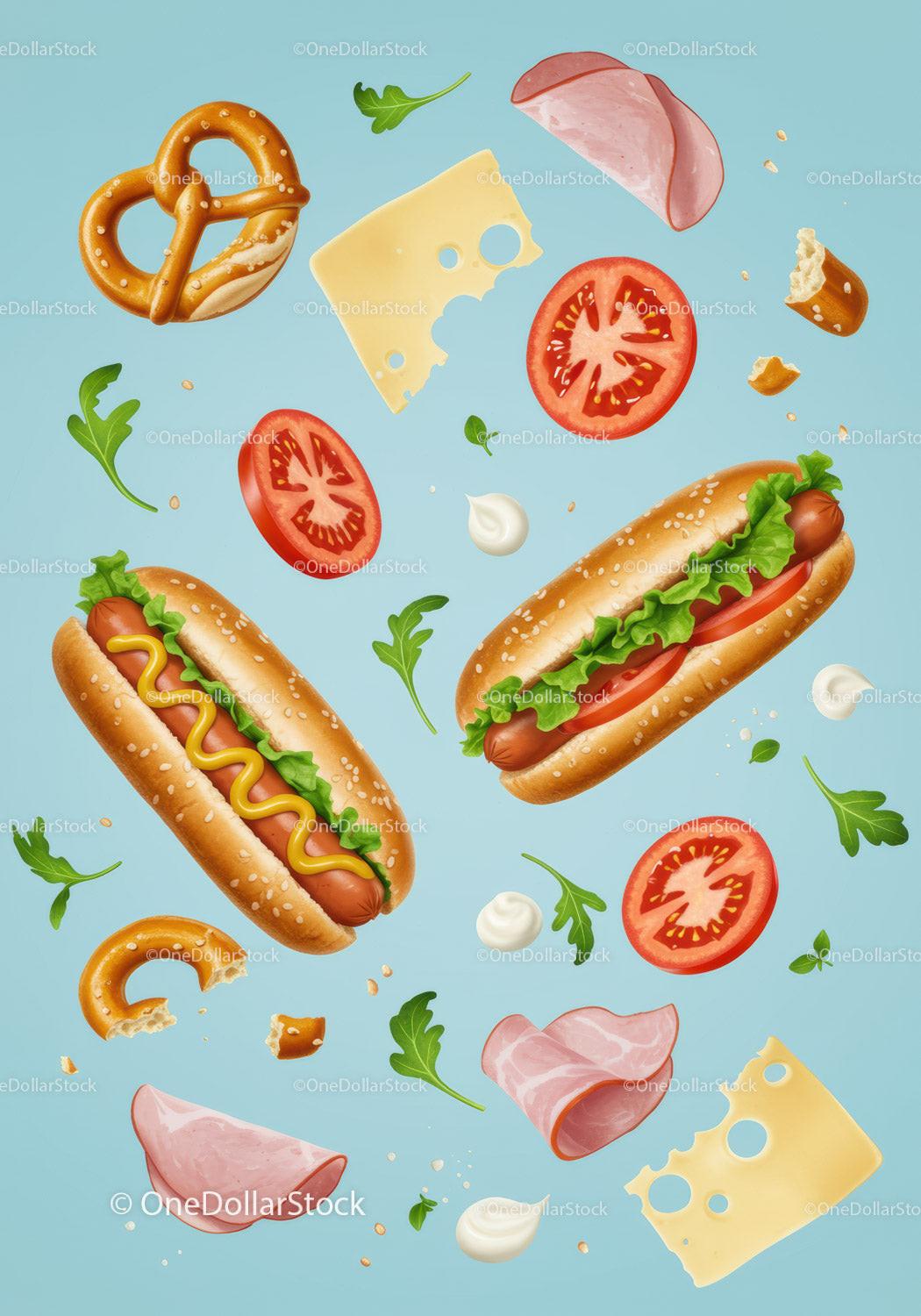 Fresh hot dogs with toppings and floating ingredients