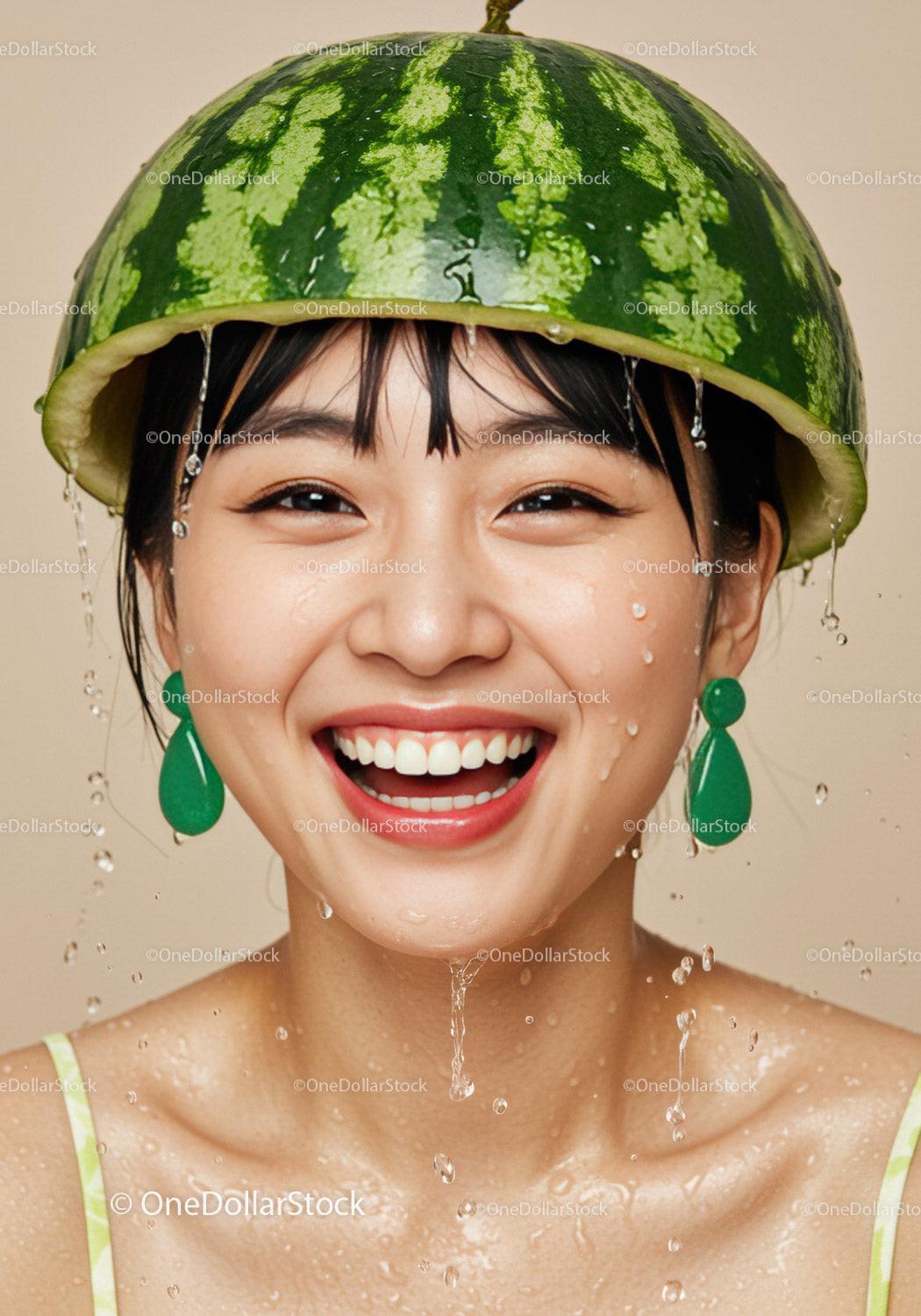 Joyful woman wearing watermelon helmet with water drops