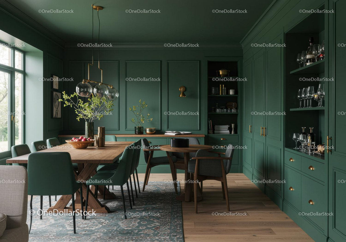 Stylish Green Kitchen with Wooden Dining Table and Modern Decor