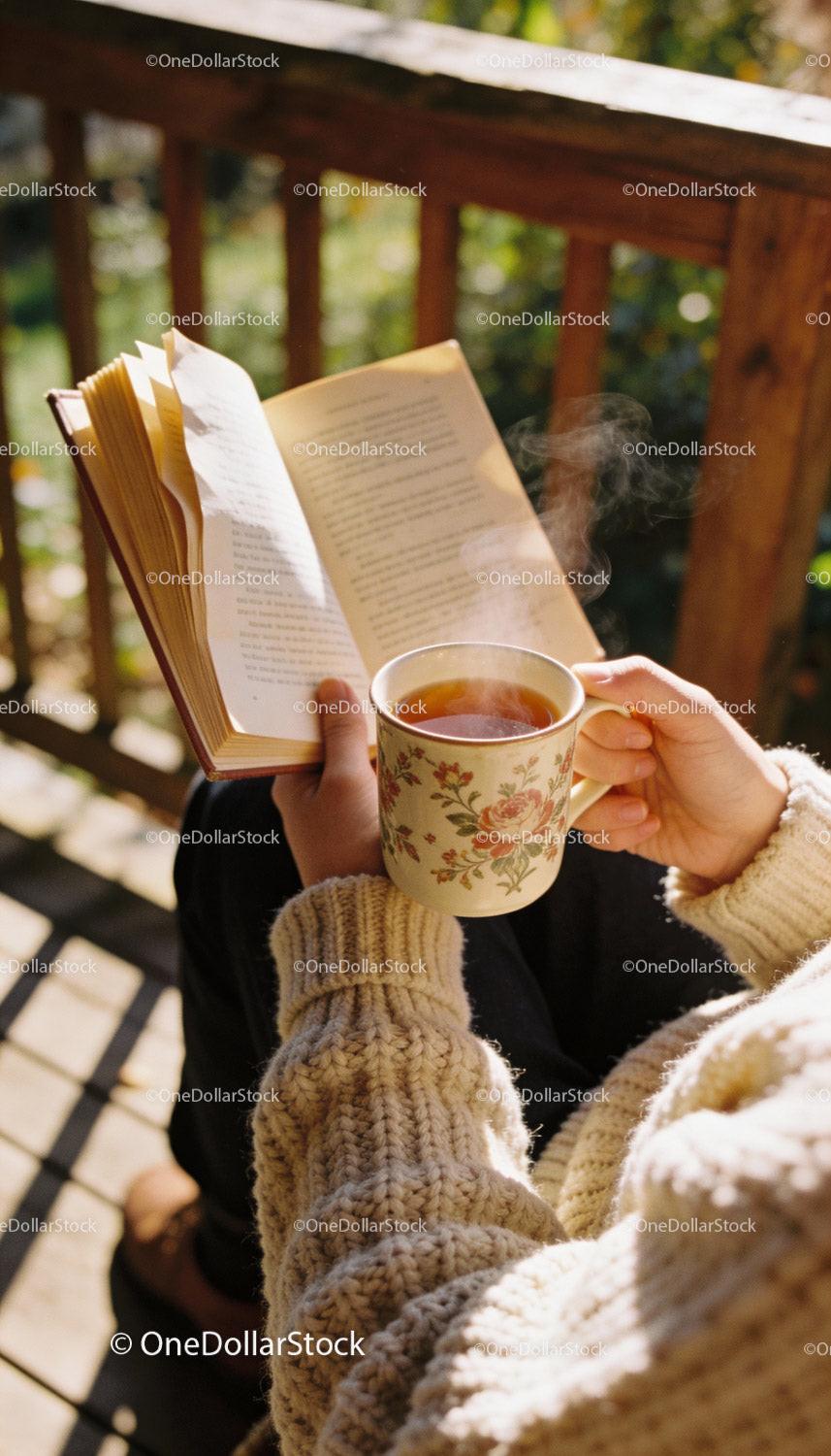 Cozy autumn reading with warm tea on wooden porch
