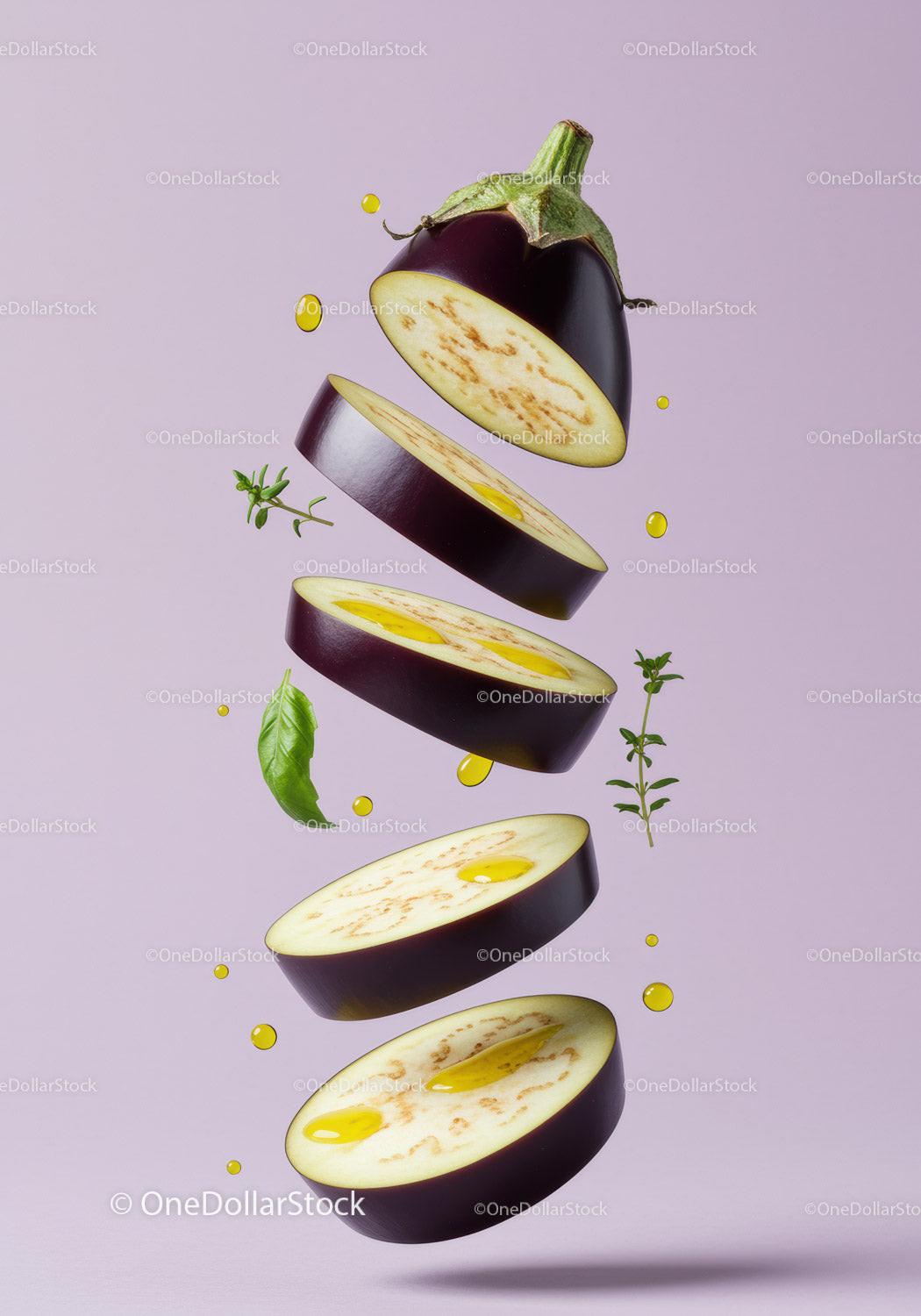Sliced eggplant with olive oil and fresh herbs floating