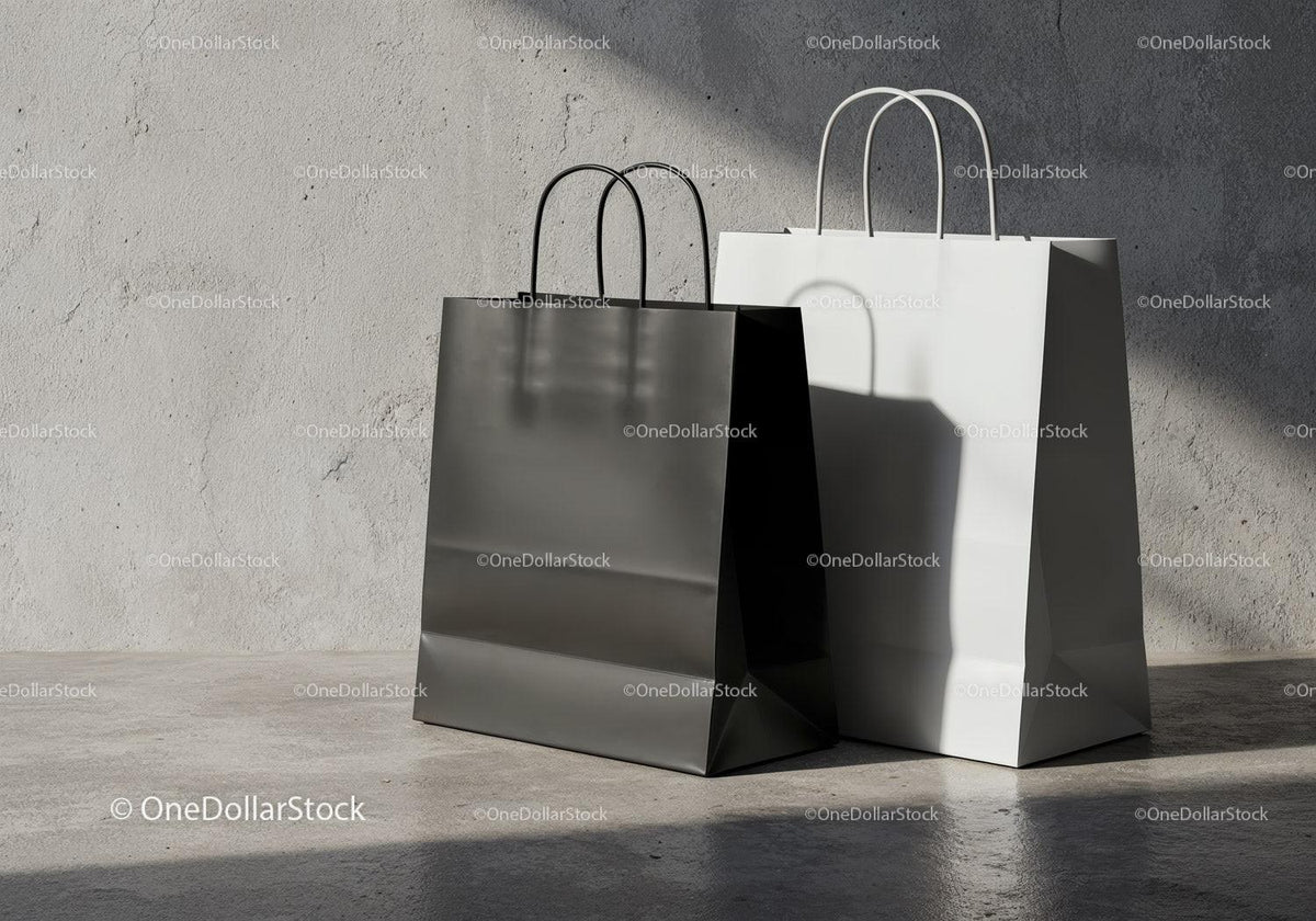 Minimalist Black and White Shopping Bags on Concrete Floor JPG Mockup Image preview