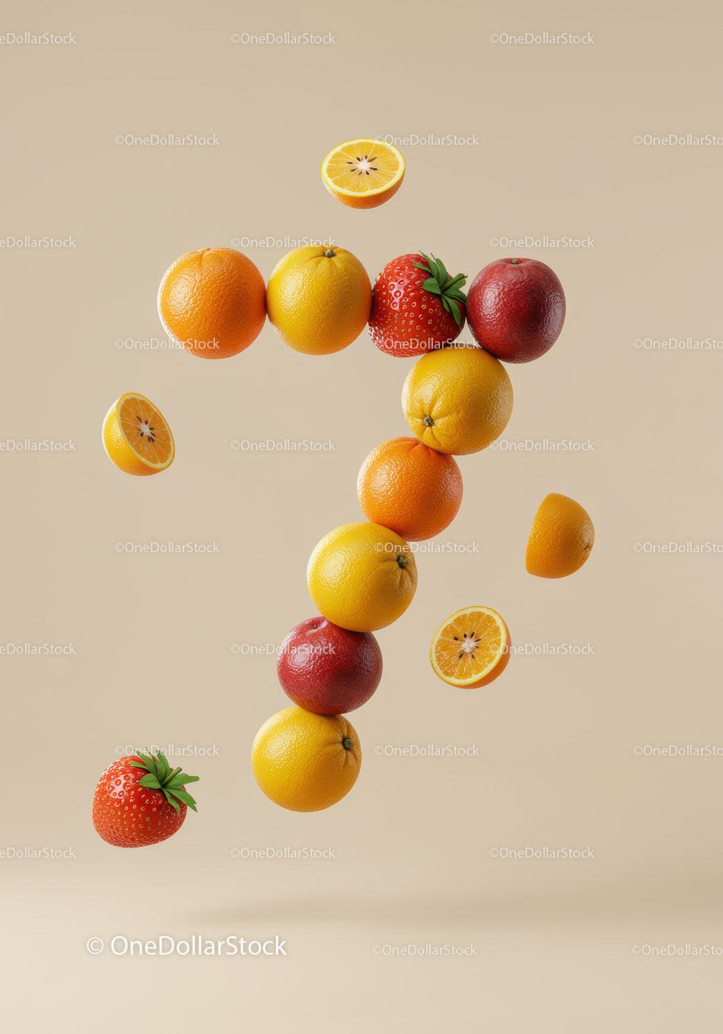 Fresh Citrus and Strawberries Forming Number Seven