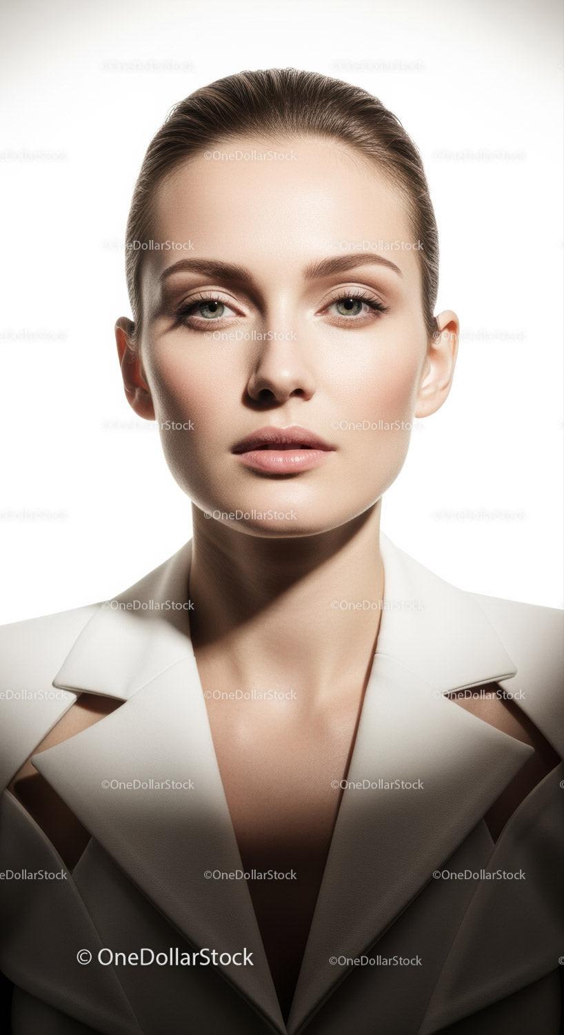 Elegant Portrait of a Young Woman with Flawless Skin and Striking Eyes